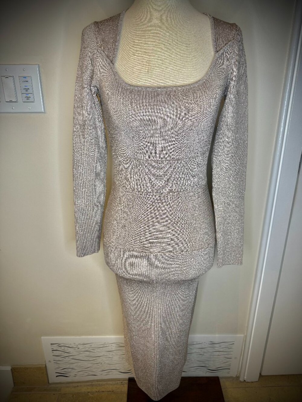 Marciano Silver Metallic Midi Bandage Bodycon Wiggle Sweater Dress - XS